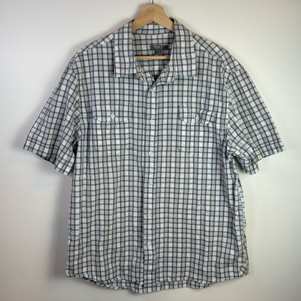 Roots 73 Men’s Blue Grey White Plaid Button Up Shirt, Size XL Cotton, Casual